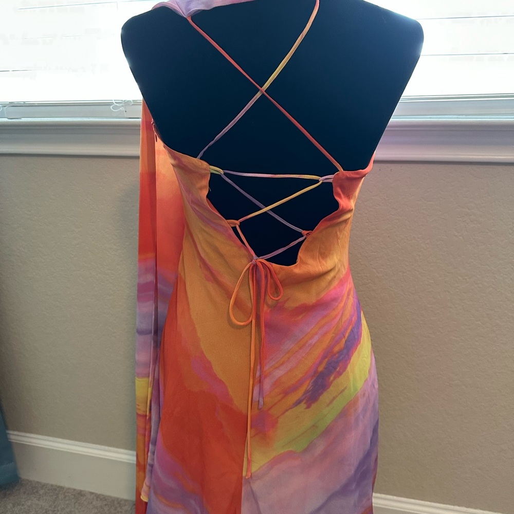 Commense One-Shoulder Multicolor Satin Dress in Orange, Yellow & Purple - Picture 2 of 4